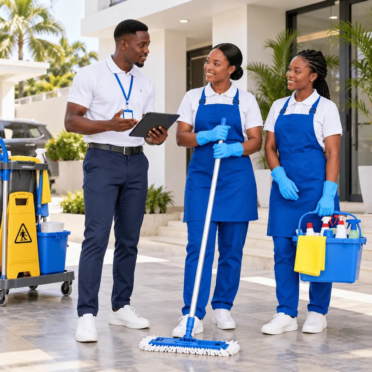 Un chef d'équipe EAA briefe deux agentes devant un immeuble moderne à Abidjan