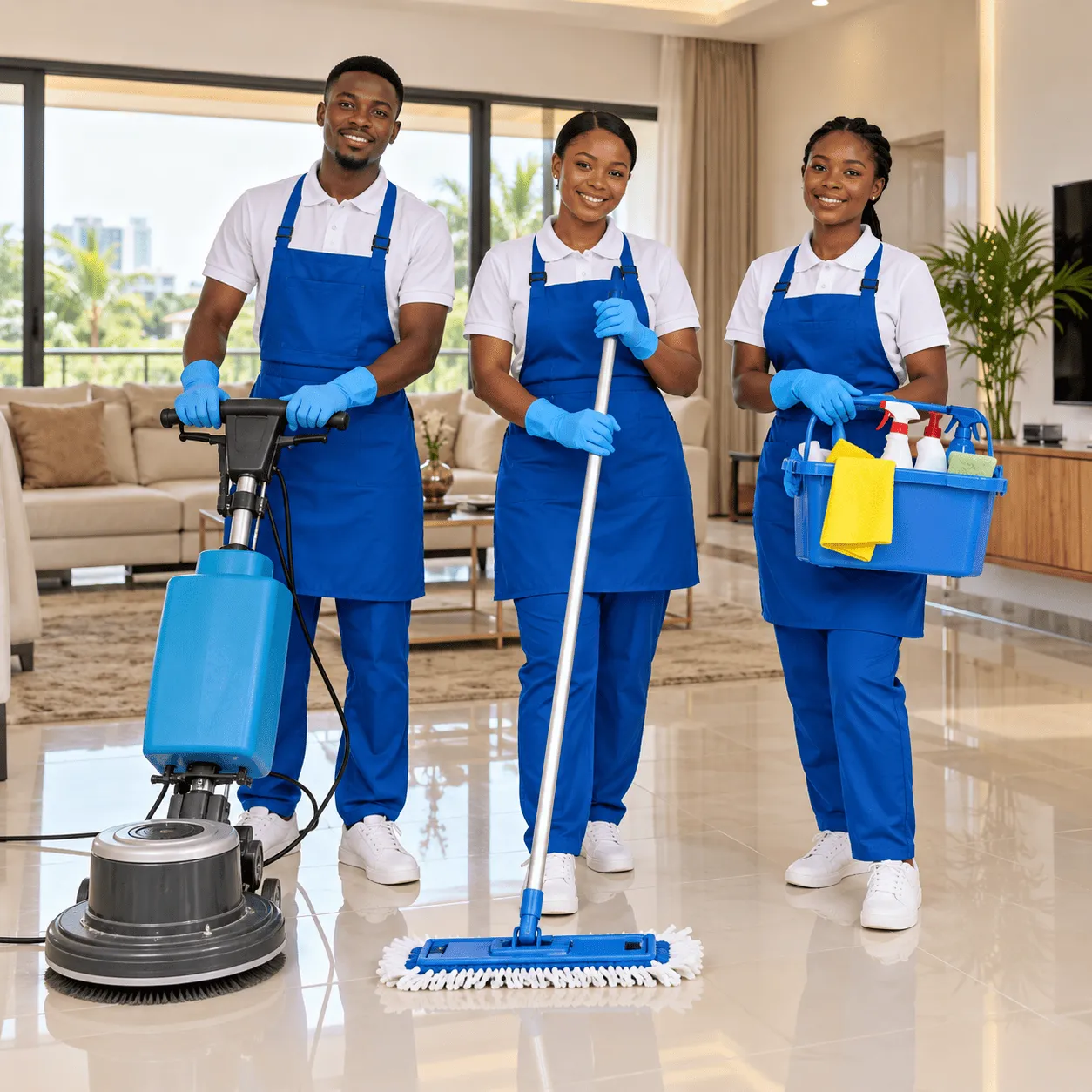 Trois agents EAA en uniforme bleu, avec autolaveuse, balai et seau de produits, dans un salon lumineux
